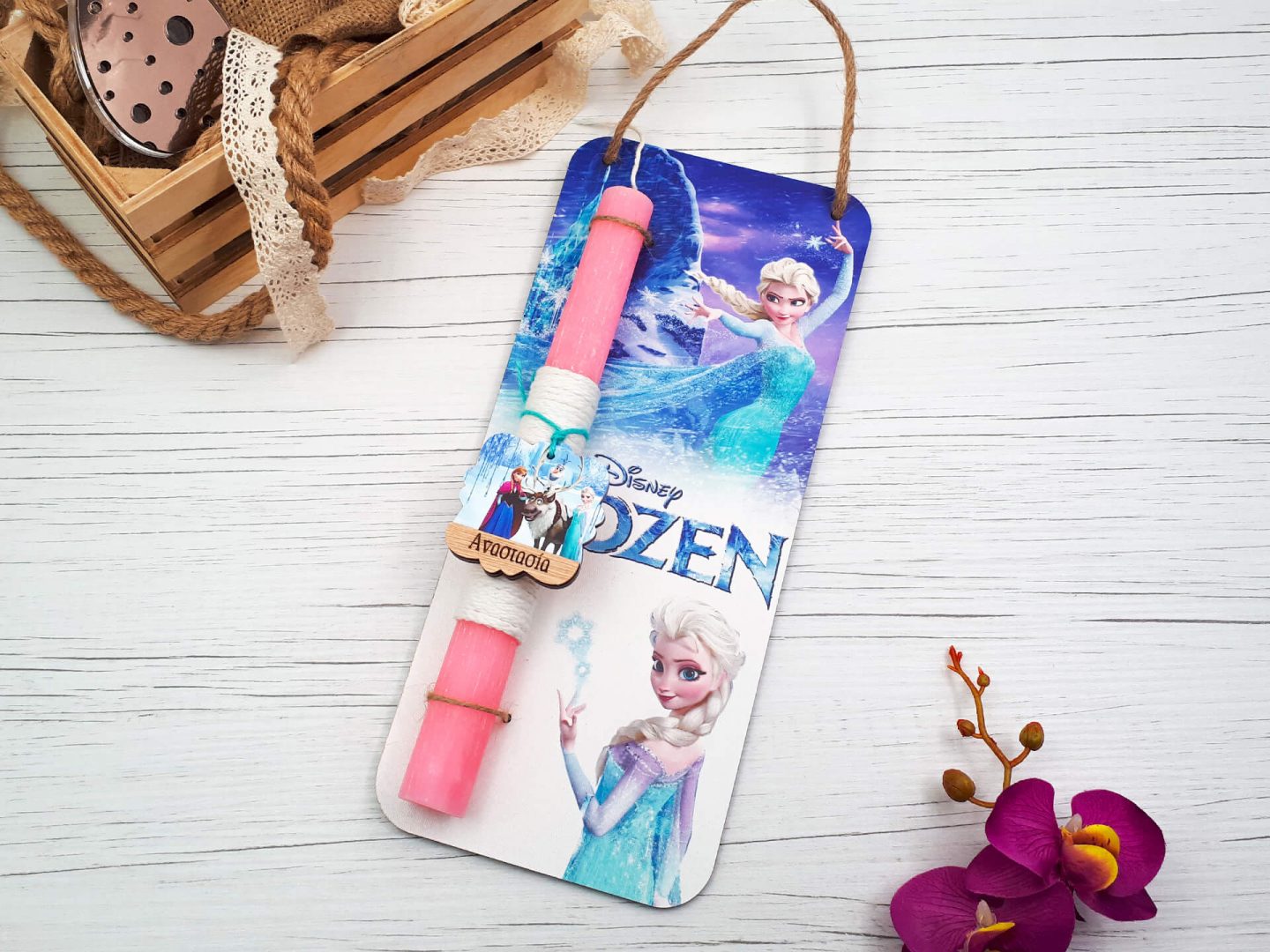 Πασχαλινή λαμπάδα με διακοσμητική πλάτη "Frozen"